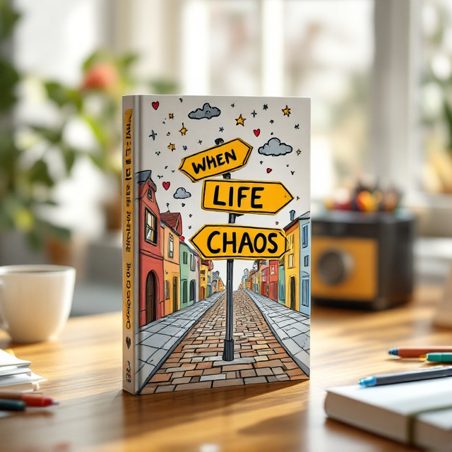 The cover features a charming and lively village street as the main background, with cobblestone pathways and colorful, slightly skewed buildings adorning either side. Interspersed among the streetscape is a playful mix of doodles such as swirling lines, tiny stars, hearts, whimsical arrows, and sketched clouds. Two crooked yellow street signs appear front and center, with one labeled “LIFE” and the other “CHAOS,” tilted away from each other for a chaotic yet fun vibe. The title words “When LIFE brings good CHAOS” are written in an energetic mix of quirky, vibrant fonts, each word in its own distinct style.