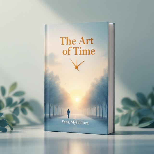 A soft sunrise peacefully merging into a gradient of delicate blues and golden hues fills the background, with a faint, translucent clock subtly blended into the sky. The clock hands form a gentle arc, suggesting the flow of time. A silhouette of a person walking down a quiet, tree-lined path is featured in the foreground, symbolizing life’s journey and growth. The surrounding nature includes subtle, abstract leaves fading into the background to enhance the serene mood.