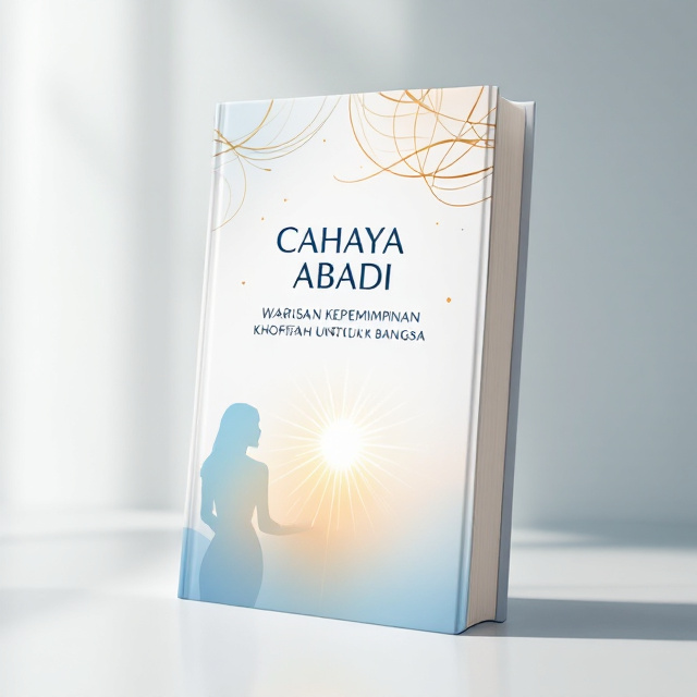 The cover features a clean and inspiring design. The background is primarily white, symbolizing purity and hope, with a gradient transitioning into a soft blue at the edges for a sense of calm yet dynamic energy. At the center, there's a subtle burst of radiant golden light emanating outward, representing "Cahaya Abadi" or eternal light. At the bottom left, a semi-transparent silhouette of a confident woman standing with an inspiring pose, subtly hinting at leadership, with an outline in blue. Across the top, abstract linear patterns in soft gold weave into the design, giving elegance and motion.