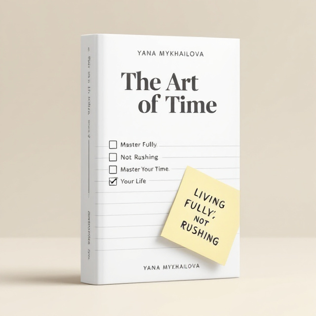A clean, light beige background with fine horizontal planner lines subtly visible across it. A minimalist checklist is presented on the left third of the page, featuring four tasks, two of which have checkmarks. A pastel yellow sticky note with a motivational handwritten phrase ("LIVING FULLY, NOT RUSHING") is casually placed at an angle in the bottom right quadrant. The title "The Art of Time" is centrally placed in a clear, bold, modern sans-serif font. Below the title, the subtitle "Master Your Time. Master Your Life." appears in smaller, soft gray font. The author’s name, "Yana Mykhailova," is placed at the bottom of the cover, centered, with minimal visual weight.