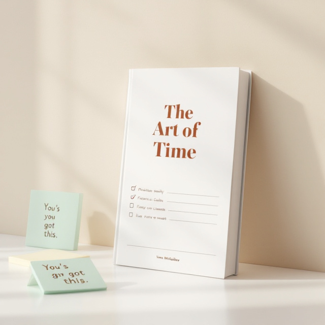 The background is a light beige hue with subtle horizontal planner lines, resembling a clean, spacious notebook page. A checklist lies on the left side of the cover, with tasks both checked and unchecked, such as [✔] Prioritize Family [✔] Focus on Goals  Enjoy the Moment  Plan the Next Step Adjacent to the checklist, a pastel sticky note (mint green) is casually angled, with the handwritten word “You’ve got this.” The title, "The Art of Time," is placed centrally in bold, modern sans-serif font, while the subtitle "Master Your Time. Master Your Life." appears just beneath it in a smaller, elegant sans-serif font. The author’s name, Yana Mykhailova, is placed at the bottom center in a smaller size.