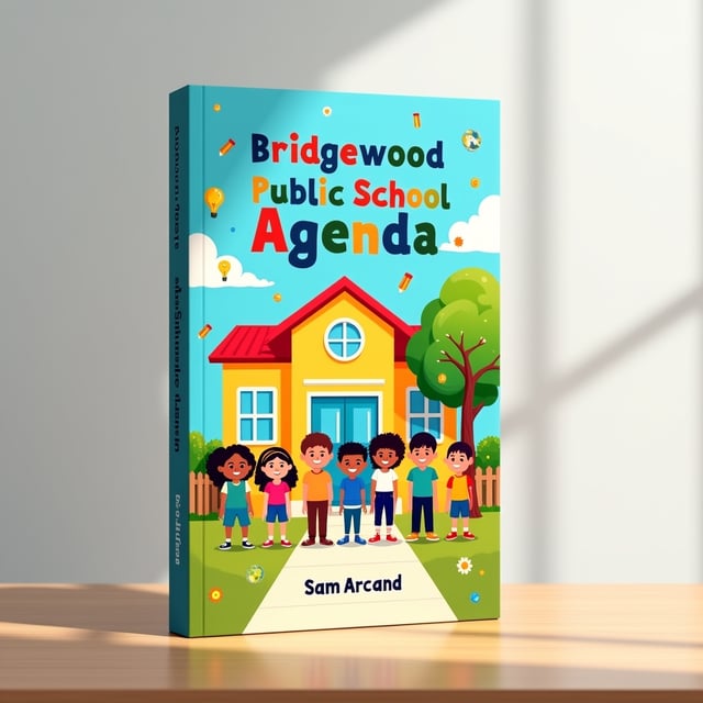 A colorful, illustrated cover featuring children of diverse backgrounds standing together in front of a bright and cheerful school building. The background includes a vibrant blue sky, fluffy white clouds, and a welcoming pathway. Around the children, floating icons of books, pencils, lightbulbs, and globes signify education, fun, and learning. A large tree on one side of the school building casts a warm and comforting shadow, giving a feeling of hope and growth.