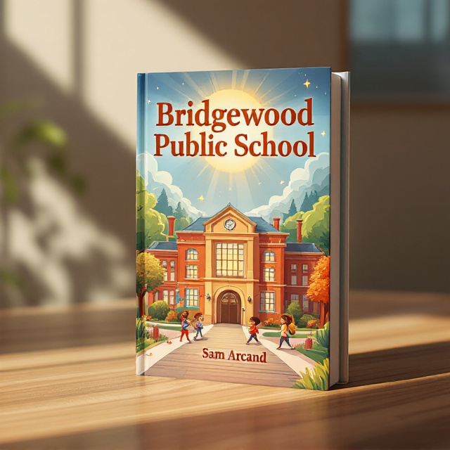The cover features an illustration of an inviting school building with an arched bridge leading to its entrance, symbolizing knowledge and connection. Surrounding the school are lush trees and vibrant colors to evoke curiosity and inspiration. Children with books, backpacks, and smiles are depicted in motion walking across the bridge under a bright, open sky with rays of sunlight breaking through, emphasizing warmth and optimism.