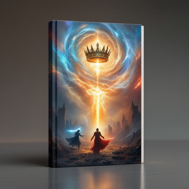 A shattered crown levitates at the center of the cover, suspended within a vortex of swirling magical energies in hues of gold, blue, and crimson. Below the crown, two warriors are mid-clash – one is shrouded in ethereal light wielding a sword glowing with white brilliance, while the other emerges from a haze of shadows and murky red mist, their weapon dark with flickers of ominous red energy. Broken ruins lie in the background, scattered across a smoldering battlefield, with a glowing portal casting eerie light from the distant center of the scene. The sky above is turbulent and dark, with storm-like clouds streaked with magical auroras.