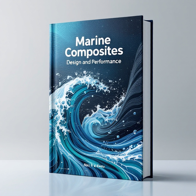 The cover features a dynamic, abstract wave motif inspired by marine life and composite materials, with a blend of metallic and deep ocean blue tones. Subtle patterns of carbon fiber interlace with graphics of splashing water, symbolizing strength and fluidity. The background portrays a gradient from light turquoise to deep navy, emphasizing depth and precision. The visual centerpiece is a cross-section of a composite structure, detailed with geometric lines and clarity, creating an engaging focal point.