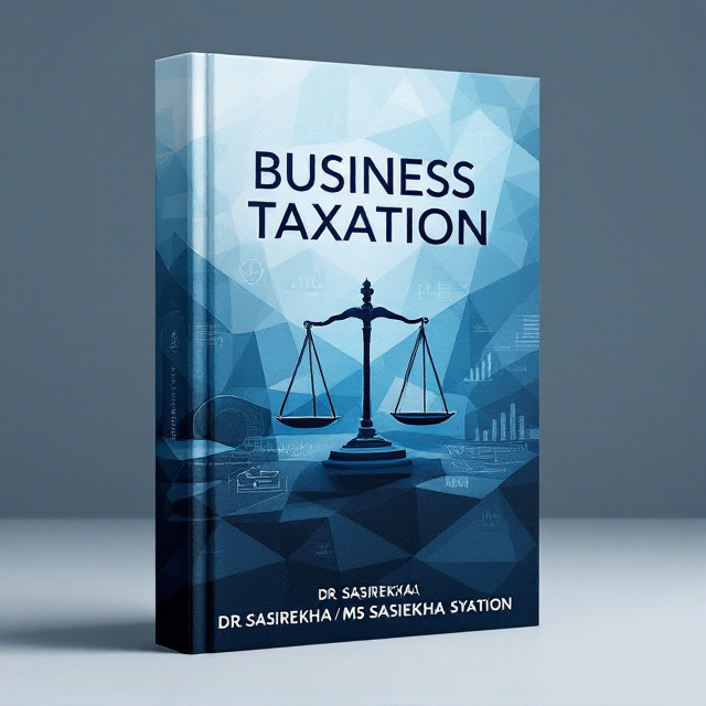 The cover features a professional, clean design with a central image of a balance scale placed overlaid on a geometric pattern in shades of blue. The background transitions from a gradient light blue at the top to darker blue towards the bottom, symbolizing depth and professionalism. Subtle patterns of financial data (graphs, tax forms, or charts) are blended into the gradient background for added texture. The title "BUSINESS TAXATION" is presented prominently and bold at the top of the cover in all caps, while the authors' names are organized neatly at the bottom in smaller fonts.