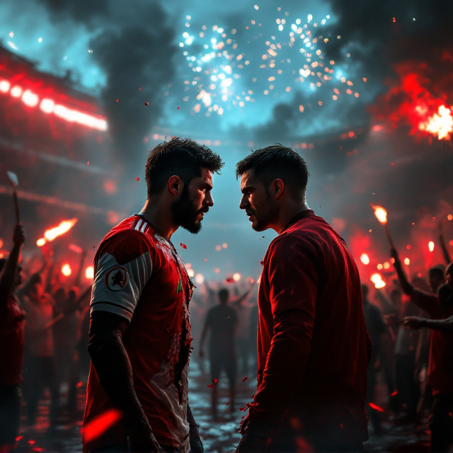 An action-packed scene featuring a dystopian stadium drenched in vibrant red and black lighting, partially obscured by dark smoke. Fireworks explode ominously in the night sky, casting an eerie glow over the chaos below. In the foreground, a young Algerian footballer in a torn red and white uniform stands face-to-face with an enraged, bloodied Ultras supporter. Surrounding them, a restless crowd of mysterious and hostile Ultras fans wave violent banners and torches, creating a sense of tension and unrest. Blood splatters subtly blend into the background, hinting at violence and revenge.