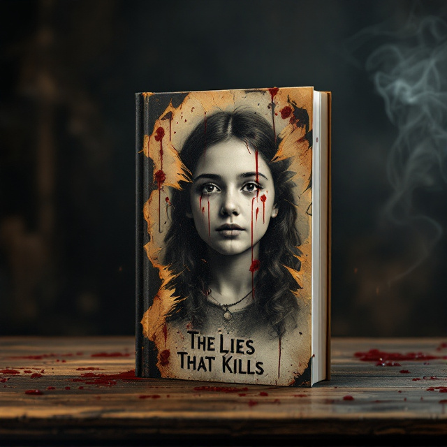 A faded, vintage-style and slightly tattered family photo is positioned at the center of the book cover. The girl’s face is either scratched out violently with jagged lines or burned around the edges, creating a scorched effect. Blood spatters overlay parts of the family photo, dripping downward. The background is dark and muted, with swirling shadows giving an ethereal, fantasy-like quality. The handwritten title "The Lies That Kills" appears smeared in blood across the top half of the cover, as if written in haste. Faint, sinister silhouettes or smoke-like figures fade into the dark backdrop, suggesting supernatural elements.