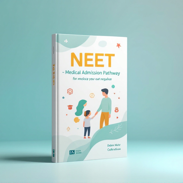 A soft pastel gradient background transitioning from white to light blue at the top, creating a bright and calming backdrop. Centered on the cover is a minimalistic but warm illustration of a parent gently placing a hand on their child's shoulder, symbolizing guidance and support. Around the illustration, softly integrated small educational icons (a stethoscope, DNA strand, red cross for NEET; a gear, formula, graduation cap for JEE) are scattered subtly, adding character to the design without overwhelming the space. The book title “NEET – Medical Admission Pathway” is bold and placed above the illustration, with motivational accent colors—gold for warmth and future-focused positivity and soft green for growth and trustworthiness.