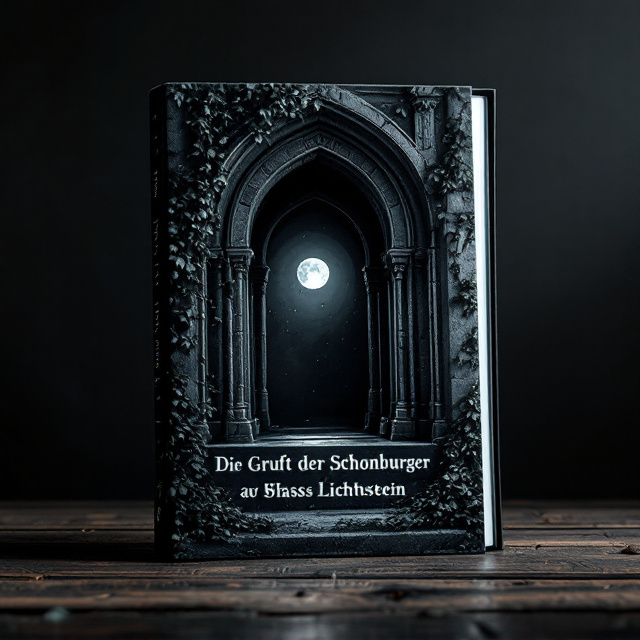 The cover features an ominous, darkly lit crypt entrance framed by grand Gothic archways. Ivy vines creep over old grey stones, adding a sense of age and decay. In the background, a pale full moon casts a minimal silvery glow, contributing to the mood of melancholy. Beneath the crypt's shadow, an aristocratic family crest subtly engraved in stone is visible. The colors used are muted tones of black, deep slate grey, and pops of dark crimson to reflect mourning and nobility.
