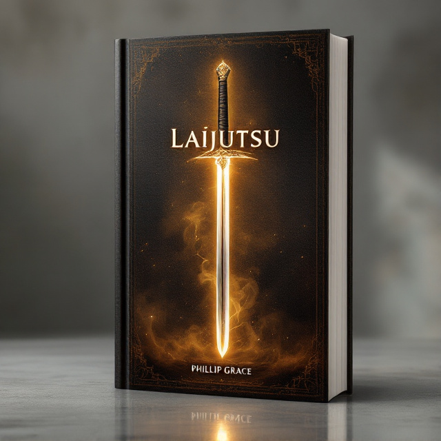A single, intricately designed katana sword stands vertically in the center of the cover, its blade glowing faintly with a celestial, golden aura. The background is a textured dark brown resembling aged leather with subtle organic patterns, symbolizing wisdom and spiritual depth. A faint overlay of mist or smoke swirls around the sword, adding an ethereal vibe. The title "Laijutsu; Mastering the art of Spiritual Warfare" is displayed prominently above the sword, while the author's name, Phillip Grace, is placed modestly at the bottom. Subtle light rays beam from behind the sword, suggesting enlightenment and power.