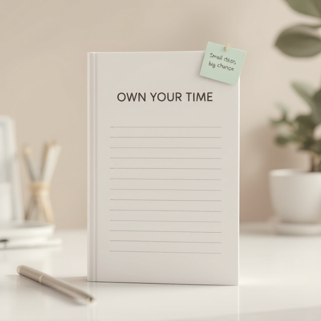 A light beige background mimicking a planner-style sheet with soft, thin horizontal lines running across the cover. At the center-top, the title "OWN YOUR TIME" is displayed in clean, bold, uppercase typography. Below the title, a minimal checklist is aligned neatly, where two tasks are marked completed with checkmarks, and two are left open, symbolizing progress. A small pastel-colored sticky note (mint) with the phrase "Small steps, big change" is pinned at the top-right corner, adding a pop of casual motivation.