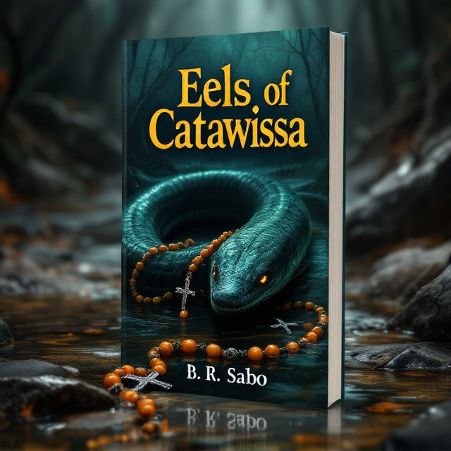 A menacing, realistic, dark green eel with glistening, almost wet-looking scales lies coiled and partially hidden in the murky, shadowed depths of a riverbed. The eel’s eyes glint faintly with an unsettling, predatory look. Broken orange rosary beads with a tarnished silver cross dangle ominously in the water nearby, partially caught on the eel's body. The background consists of tangled river vegetation, muted stones, and faint beams of distorted light filtering through the water.