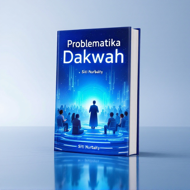 A digitally painted scene of a futuristic landscape dominated by a bluish hue. A da’i, dressed in a futuristic robe with glowing accents, is seen addressing a group of people (jama'ah) seated on transparent, levitating platforms. The da’i’s expression is stoic, while some members of the jama'ah appear to be restless, indifferent, or crying, reflecting the range of emotions (cuek, marah, menangis). The background features a sky filled with both stars and holographic projections to emphasize the science fiction element.