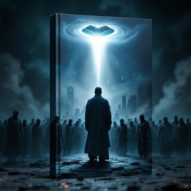 A dark, stormy, and futuristic cityscape serves as the backdrop, symbolizing a chaotic world. At the forefront, a stoic da'i (Islamic preacher) dressed in traditional attire stands under a dim beam of light, facing a group of scattered, futuristic-looking Jama'ah (congregation). Their expressions reflect indifference, anger, and sadness, matching the requested emotions. Hovering above them is a glowing Quran, emitting a surreal light. The overall color palette is dominated by deep blues, blacks, and sharp silvers to evoke a stark, serious tone.