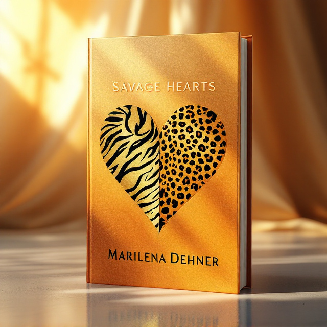 A heart centered in the cover is divided into two halves, one side covered in a rich, golden tiger pelt pattern with deep black stripes, and the other side showcasing a sleek cheetah pelt design in gold and tan tones. The background radiates with a soft orange and golden gradient, resembling sunlight passing through warm silk. Abstract, painterly brushstrokes subtly enhance the entire cover, giving it an artistic texture.