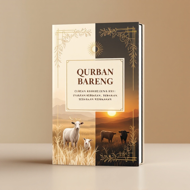 Featuring a peaceful rural scene split diagonally. On the top left portion, a realistic and soft illustration of a kambing (goat) stands in a lush grassy field, surrounded by symbolic radiant halos to indicate blessing and goodness. The bottom right portion is slightly darker in tone, with an image of a sapi (cow) grazing under a warm, setting sun. Cream and rich warm brown tones dominate, with light embellishments like gentle floral vines and thin gold geometric lines to unify both visuals.