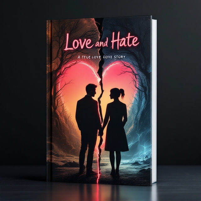 A dark and moody background with a silhouette of a man and woman standing back-to-back in the center. The couple is divided by a glowing red, heart-shaped crack running through the center of the cover. The left side of the cover is softly bathed in warm golden and peach tones symbolizing love, while the right side transitions to cooler blues and grays, indicating hate and suspense. Shadowy tendrils rise from the cooler-toned side to add an eerie thriller element.