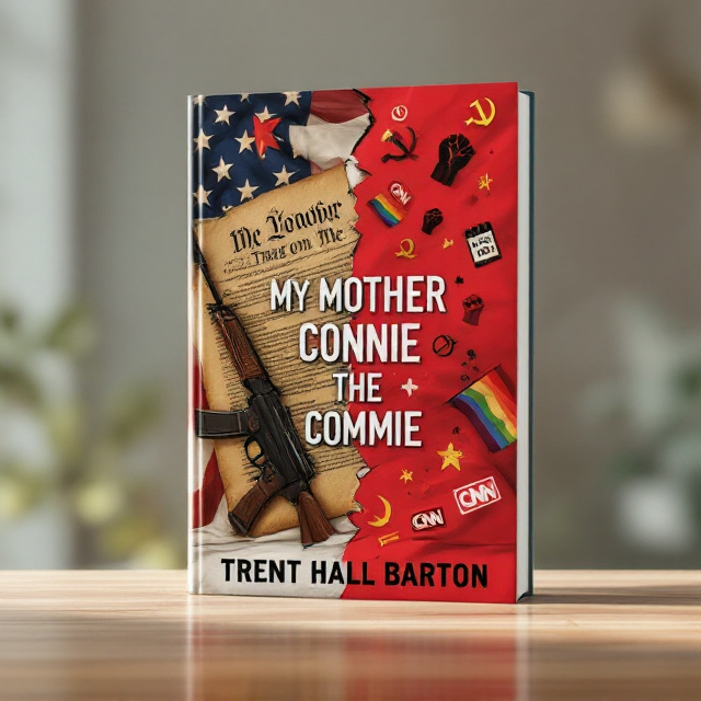 The left side of the cover features liberty-themed symbols such as the "Don't Tread on Me" flag unfurled behind pieces of a cracked U.S. Constitution, leaning against an AR-15 rifle. The right side sharply contrasts with the left, dominated by communist and liberal ideologies—vivid red tones form the backdrop with a hammer and sickle prominently displayed, intersected by bold icons like the rainbow flag, a raised Black Lives Matter fist, and small CNN logos scattered like subliminal media influences. At the center, the title "My Mother Connie" is displayed, the letters shaped like the American flag with a bold, jagged red line angrily crossing out "Connie." Below it, "The Commie" is handwritten in thick red strokes that give a rushed yet deliberate rebellious tone, almost like graffiti. The overall design creates a chaotic contrast between idealism and disillusionment.