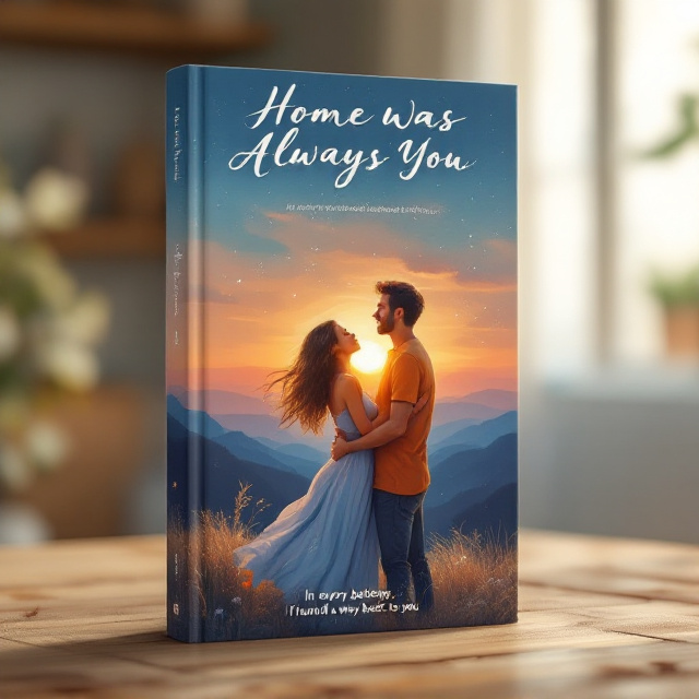A soft, painted-style illustration shows a woman in a flowing pastel blue sundress embracing a man in an orange t-shirt. The couple stands at the edge of a hill, silhouetted against a glowing sunset that gradually fades into a starlit sky. The brushstroke-style background uses dreamy tones of orange, pink, and navy, blending seamlessly to evoke a sense of nostalgia and emotional depth. The details of their expressions are tender and full of warmth—her head tilted upward, his gaze soft and protective. The scene is surrounded by subtle brushstroke textures, creating a sense of intimacy and depth.