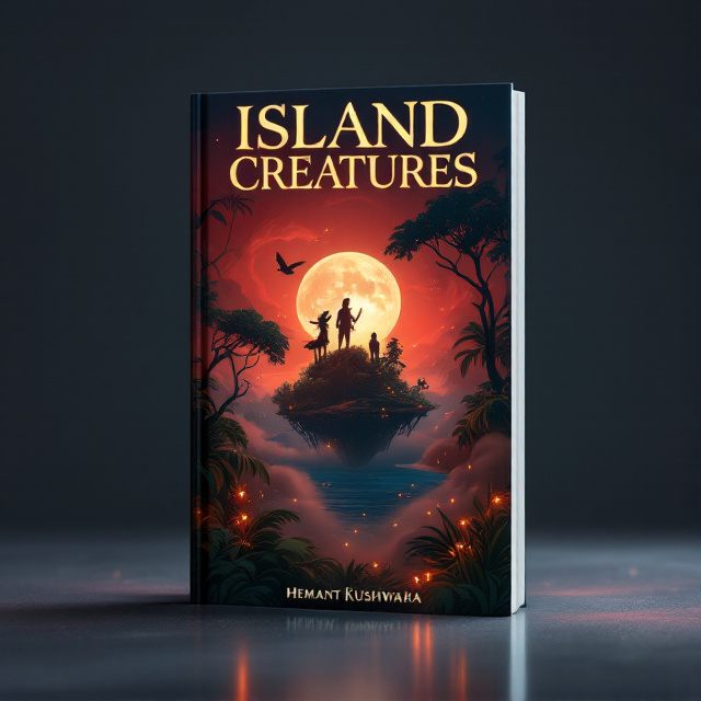 A vivid scene of a mystical island surrounded by swirling red mist, with exotic creatures peeking from the shadows of dense jungle foliage. The horizon displays a brilliant moon casting a glowing light over the island. Small golden-lit specks in the jungle hint at hidden life and magic. A faint silhouette of a flying, mythical creature hovers over the water near the island, adding a sense of curiosity and excitement. The background combines deep and vibrant shades of red with dark gradients to enhance the mystery and fantasy elements.