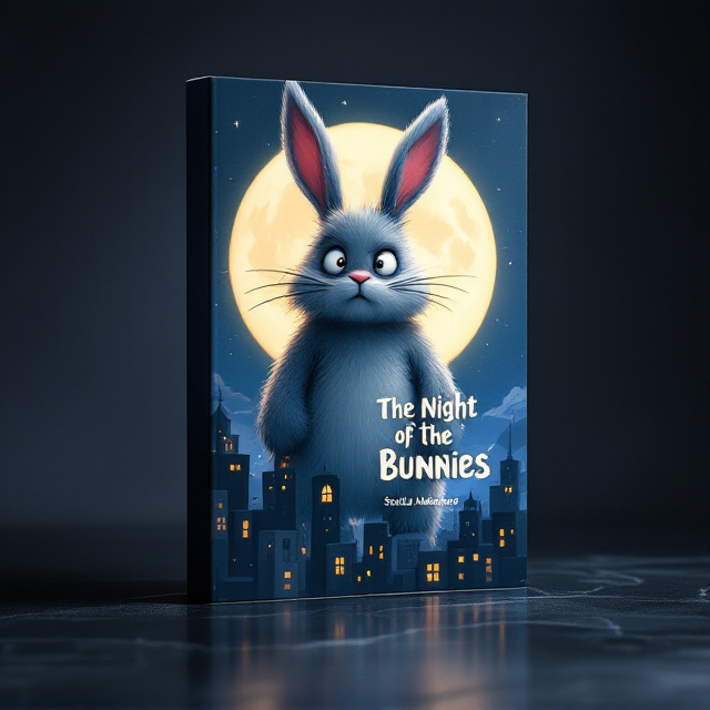 A towering, slightly ominous yet whimsical bunny takes center stage. The massive bunny is depicted standing on its hind legs, with soft fur illuminated by a glowing full moon behind it. Its expression is a mix of wide-eyed confusion and endearing clumsiness, adding a sense of haplessness. The background consists of a night skyline of a stylized cartoon city, with small, glowing yellow windows on the buildings contrasting the deep blue gradient sky. The edges subtly fade into black to enhance the nighttime effect.