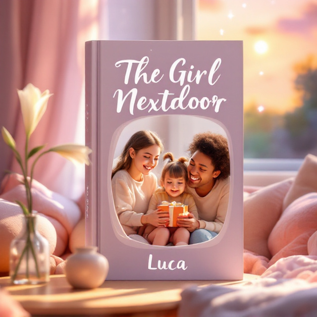 A soft, pastel-colored cozy living room setting fills the cover. A young girl, Lily, with a bright, joyful expression is sitting on a comfy couch holding a small, neatly wrapped gift box in her lap and a glass of juice in her hand. Beside her, an older friend, Thami, leans slightly toward Lily, smiling warmly. The atmosphere is illuminated by soft morning sunlight streaming in through a nearby window, with a morning star subtly shining in the background sky. A single white lily flower in a simple vase rests on a coffee table in the foreground, symbolizing purity and sweetness.