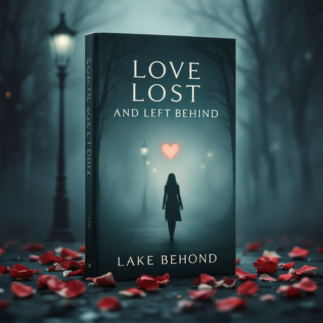 A shadowy silhouette of a woman walking away on a foggy, dimly lit street, with a hint of a fading heart symbol subtly embedded in the fog. The backdrop includes worn lamp posts casting an eerie glow, and scattered dried rose petals on the ground, symbolizing love and loss. The color palette focuses on muted tones—deep blues, greys, and touches of red, representing mystery and bittersweet emotions.