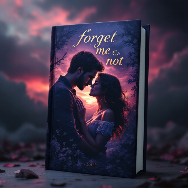 A passionate, dramatic illustration a close-up of a man and woman locked in an intense, almost desperate embrace. The man gazes at the woman with a look of profound admiration. In the backdrop, softly fading, but visible, is another woman with a longing, yearning expression directed toward the couple. The background shows a stormy sunset, symbolizing the war of emotions – love, conflict, and longing. Soft pinks, fiery reds, and dark purples dominate the color scheme, further enhancing the romantic yet dramatic mood.