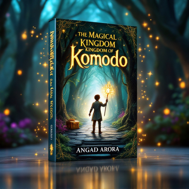 A glowing, enchanted forest forms the background, with towering trees covered in mystical vines glowing in soft colors of green and purple. Wisps of magical light float in the air. At the center, a brave young figure with a determined pose stands on an ancient stone path leading deep into the forest, holding a shimmering staff radiating magical energy. Golden sparkles outline the character and flow gracefully across the scene. A hidden treasure chest peek out subtly in the background, hinting at an adventure.