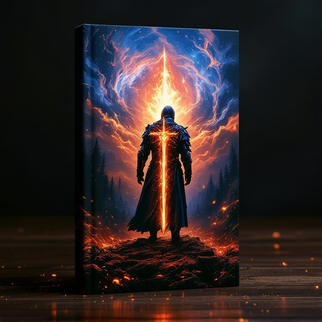 A dramatic image of a lone knight standing at the edge of a darkened forest, his back towards the viewer. His armor is intricately detailed, glowing faintly with red ember-like patterns. In his hand, a blazing sword forged of celestial flame points downward into the earth. The distant outline of the Sanctum of Solas—a towering citadel bathed in prussian blue glow—is seen in the background under a night sky, illuminated by swirling red and black clouds. Shadows of figures behind the knight suggest betrayal, their forms obscured by darkness. The faint silhouette of an Emberheart flame flickers subtly on the cover, blending seamlessly.
