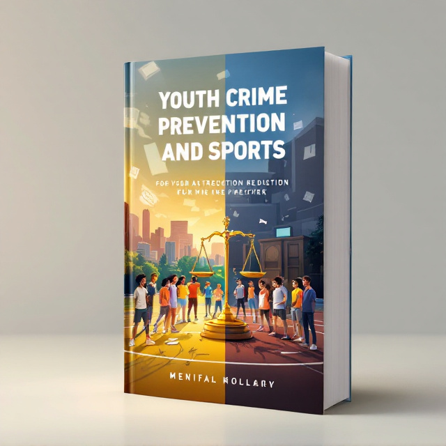 A dynamic illustration of a group of diverse youth on a sports field. One half of the field subtly transitions into a courtroom setting with a symbolic scale of justice on one side. The sports scene is vibrant and action-packed with bright colors, while the law-focused part is darker and more subdued to reflect seriousness and order. Faint graphics of books, law enforcement symbols, and sports equipment are subtly layered in the background.