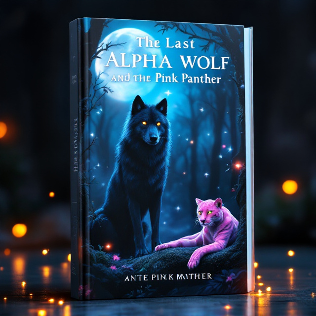 A majestic and fierce black-furred alpha wolf with glowing white eyes standing in the center of a serene, moonlit forest. Its fur subtly glowing under ethereal moonlight. To its side and slightly above, a sleek pink panther with sparkling emerald-green eyes lounges gracefully on a low-hanging tree branch. The moon's soft light casts intense highlights and long, mysterious shadows. The background includes luminescent flora and scattered fireflies for a magical touch.