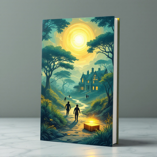 The cover features a dynamic illustration of a vast and intriguing African landscape in teal hues. An old English-style house sits prominently in the mid-ground, partially hidden by tall trees and bushes. In the foreground near the bottom right-hand corner, a golden jewelry box radiates a soft glow, partially open. Two adventurous preteens—one boy and one girl—are positioned slightly left of the center, running along a rocky bush path with determined expressions. Three shadowy figures, representing the thieves, are subtly placed in the mid-background, their profiles chasing after the children with a sense of urgency. Above, a sunny sky with bright golden rays filters through the illustration, adding energy and contrast.