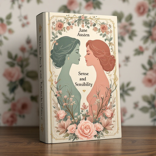 Two elegant female silhouettes are featured, set against a Regency-inspired floral wallpaper background. One silhouette, representing Elinor, is on the left in muted sage green, shown in a reserved and composed posture, her face turned toward the horizon. The other silhouette, symbolizing Marianne, is in a soft rose hue with a more dynamic, flowing posture on the right, gazing somewhere closer and more passionately. Subtly integrated floral motifs—like roses and honeysuckle—are intertwined within the silhouettes and mildly extend into the background for emotional depth. The floral patterns are overlaid with delicate gold accents, particularly on the edges of the silhouettes and motifs.