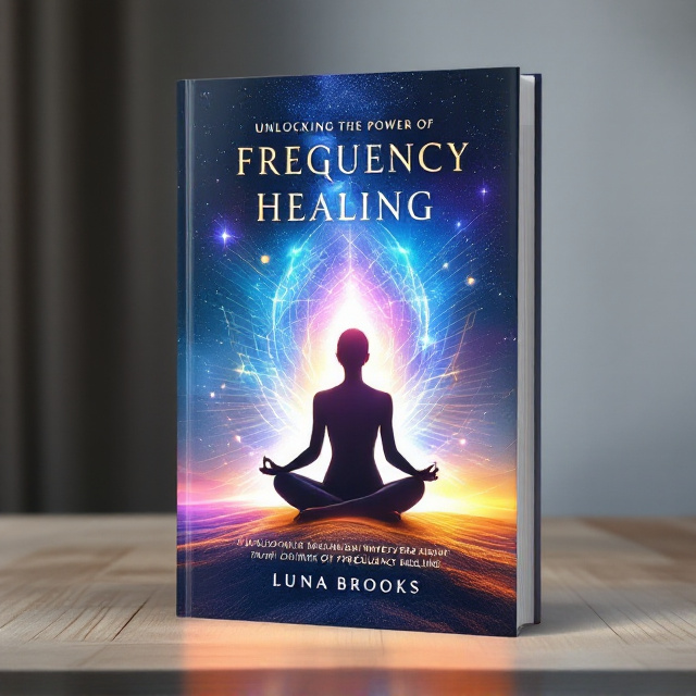 The cover features a serene depiction of a woman sitting cross-legged in meditation at the center, glowing softly with an ethereal aura. Surrounding her are wisps of colorful frequency waves in radiant hues of blue, purple, and gold, emanating outwards in rhythmic patterns. The background gently transitions from a darker cosmic starry night at the top to a radiant sunrise below, symbolizing healing and transformation. Light sparkles and magic-like orbs subtly float around the composition, exuding a sense of peaceful energy.