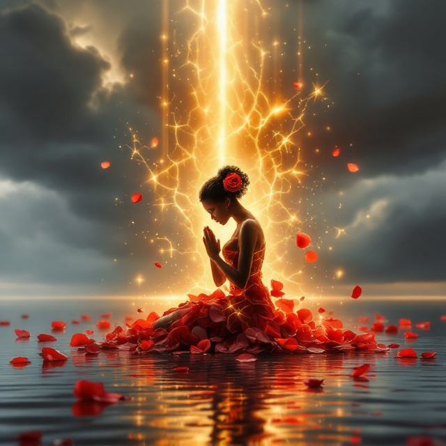 A silhouette of a kneeling brown woman in deep prayer, her head bowed, and her hands clasped at her chest. She is surrounded by swirling crimson petals that form her dress, flowing dynamically around her. Her silhouette is fractured with jagged golden cracks glowing with intense light, symbolizing healing. A single deep crimson rose is tucked into her natural-textured hair, which seamlessly blends into the petal dress. Below her, she kneels on a mirror-like body of silvery-blue water where scattered rose petals ripple gracefully. Above her, stormy gray clouds part, allowing a shaft of golden sunlight to cascade down, illuminating her glowing fractures and the petals.