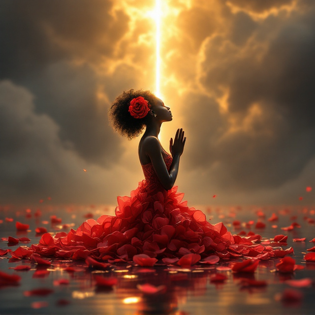 A kneeling silhouette of a Black woman in deep prayer is at the center of the cover, her body glowing with golden cracks like sunlit glass. Her head is bowed in surrender, hands clasped tightly at her chest. Her natural hair blends seamlessly with swirling crimson rose petals that form a flowing, semi-transparent dress around her figure. A single crimson rose rests behind her ear, accentuating her profile. She kneels atop mirror-like water, where scattered petals float, causing gentle ripples. Above, stormy grays dominate, but a shaft of golden light breaks through the clouds to illuminate her. The water, clouds, petals, and golden light frame the prayerful silhouette with dynamic movement and emotion.