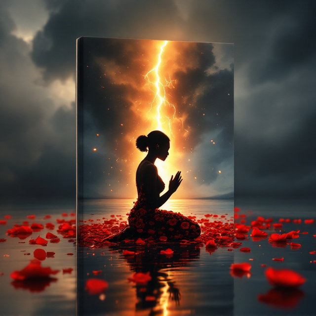 A photorealistic silhouette of a black woman kneeling in prayer on the reflective water surface, with her entire form crafted from cascading, vivid crimson rose petals. Elegant cracks run through her silhouette, emitting warm, radiant golden light, expressing themes of vulnerability and strength. Rose petals disperse into the air and simultaneously reassemble around her. The mirror-like water surface reflects her glowing image clearly, interrupted by scattered petals creating faint ripples. Towering behind her, menacing storm clouds dominate the backdrop in deep charcoal and slate gray, with a bold shaft of golden sunlight piercing through, directly connecting with her luminous cracks.
