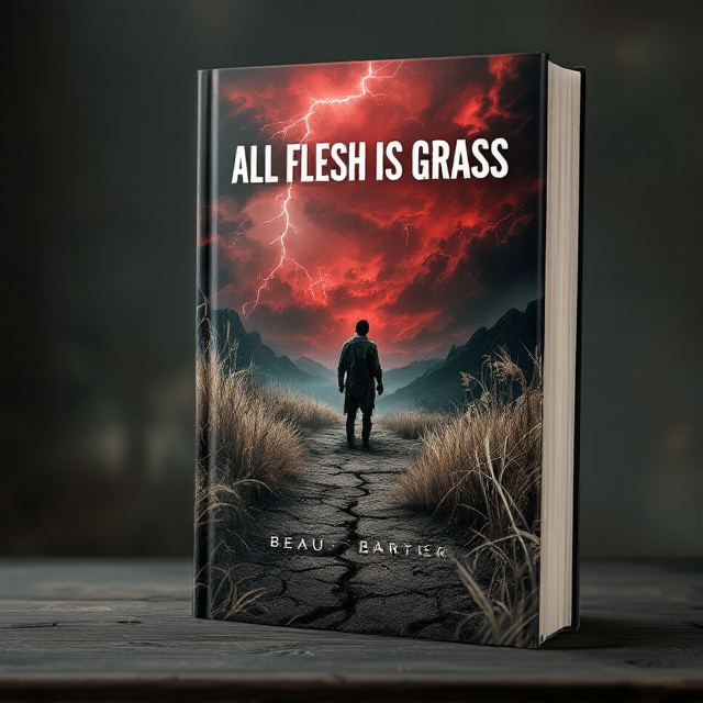 A rugged, stormy landscape dominates the cover, with tall, dark-green weeds and pale, dried grass swaying aggressively in the wind. A lone figure stands in the middle ground, their back facing the viewer, dressed in tattered clothing, arms slightly raised in defiance or desperation. Above the figure, a dramatic red, storm-filled sky looms, with flashes of distant lightning tearing through ominous clouds. The lower half of the cover shows cracked earth, signifying despair and a fight against a hostile natural world.