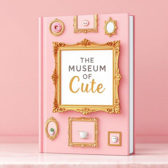 The cover features a gallery wall with various gold picture frames in ornate and whimsical styles, each frame containing illustrations of adorable objects (e.g., a grinning donut, a tiny happy cactus, a smiling teacup). The background is a soft pastel pink to enhance the cheerful vibe. At the center, a playful gold frame surrounds the book title, “The Museum of Cute.” The frames appear to have slight shadows to give a 3D effect, making it feel like an actual display wall.