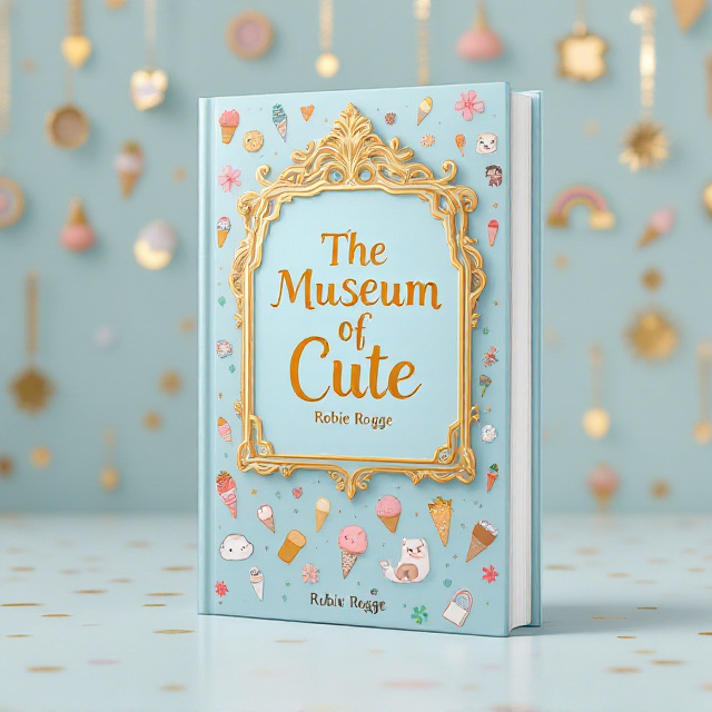 Create a realistic 3D mockup of a standing book titled "The Museum of Cute" by Robie Rogge. The book is upright, displayed against a soft pastel background, such as baby blue or peach, providing a gentle, whimsical setting. Rows of various gold frames, shimmering subtly, and in different sizes and shapes, are scattered across the background. Each frame contains hand-drawn illustrations of "cute things," such as fluffy puppies, tiny kittens, colorful ice cream cones, cheerful rainbows, blooming flowers, and other adorable motifs, all rendered with a playful and charming style. At the center of the book's cover, there is a large, elegant gold frame that prominently displays the title "The Museum of Cute" in a whimsical and playful sans-serif font with slight swirled accents. The font appears golden, matching the gilded look of the frames. Directly beneath the title, and within the same ornate central frame, is the author's name, "Robie Rogge," in a slightly smaller size but with the same golden font treatment. The smaller frames containing the cute illustrations are placed harmoniously around the central frame, making the composition feel balanced and engaging. The mockup emphasizes a glossy texture for the book cover, making the gold elements feel rich and elegant while ensuring the tactile illustrations of cute things add a sense of depth to the design. The book is positioned in a well-lit environment, with soft shadows enhancing its three-dimensional appearance, making the cover design clearly visible and visually appealing.