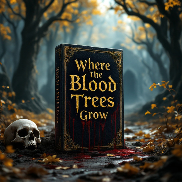 A dark, ominous forest with towering, twisted trees. The trees have golden leaves shining faintly in the eerie light, with thick rivulets of blood dripping from their boughs and trunks. The blood pools on the forest floor, where a cracked human skull lies, half-buried in the dirt. In the distant background, a shadowy cave sits ominously beneath a canopy of golden leaves, partially illuminated by beams of sunlight piercing through the dense foliage above. The overall color palette consists of deep reds, blacks, golds, and hints of muted sunlight.