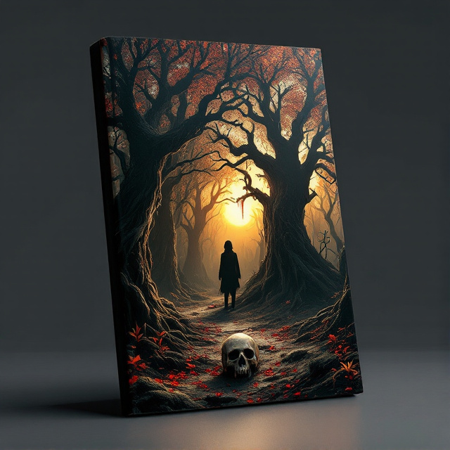 A forest of eerie, towering, black trees dominates the cover, with thick trunks and twisted branches. Blood oozes from the branches and trickles down the bark, creating a chilling contrast to the shimmering gold leaves. A dark, ominous cave is placed in the distant background, barely visible through the trees, its entrance shadowy and foreboding. The ground is littered with moss, dried leaves, and a single human skull lying near the forefront. Light breaks through the canopy from a setting sun, casting long, dramatic shadows across the scene, while the atmosphere is saturated with dark reds, blacks, and golden hues to evoke a sense of fear and intrigue.