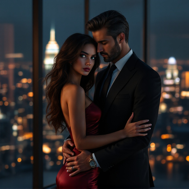 A stunning scene features a dimly lit, luxurious penthouse at night with tall glass windows overlooking a glowing city skyline. The centerpiece shows the beautiful young Latina woman in a deep burgundy, fitted, satin evening dress. Her long dark brown hair flows over one shoulder, catching the soft, moody light. Her striking green eyes are filled with a glimmer of both vulnerability and tension. She is firmly held by a tall, commanding Latino man in a sharp black suit with subtle gray streaks at the temples, a trimmed beard, and piercing brown eyes. His hand grips her waist firmly and protectively as he gazes at her with intensity. Shadows and soft edges create a suspenseful and cinematic atmosphere, with a deep black background blending seamlessly into the scene. A warm glow of soft gold reflects faintly on the couple, adding a luxurious touch.