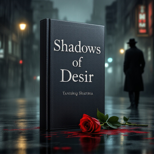 A dark, stormy cityscape drenched in rain serves as the background. A shadowy male silhouette wearing a trench coat stands under the dim glow of a flickering streetlight, his face partially obscured. A crimson rose lies abandoned on the wet ground, its petals smeared with streaks of red, hinting at both love and blood. The edges of the cover are darkened with smoke or mist, adding to the haunting and mysterious atmosphere.