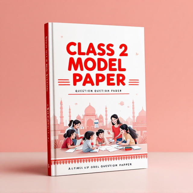 A bold, central illustration of a cheerful classroom scene, featuring children engaged in a group activity around books and papers. The surrounding background showcases a subtle Indian cultural motif, perhaps decorative elements like traditional Indian patterns or outlines of monuments. The primary colors, red and white, dominate the palette, with red highlighting key visual elements and white used generously as the background to keep it clean and inviting.