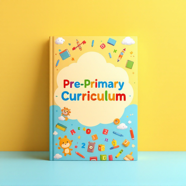 A colorful and vibrant cover featuring an array of playful yet educational icons (like books, pencils, crayons, numbers, ABC blocks, and smiling animals) spread across the background. The icons are scattered over a light pastel background in shades of yellow and blue, evoking positivity and energy. A large central area is reserved for the title, with a soft, rounded shape framing it playfully. Subtle cloud-shaped patterns are added to create depth and a playful feel.