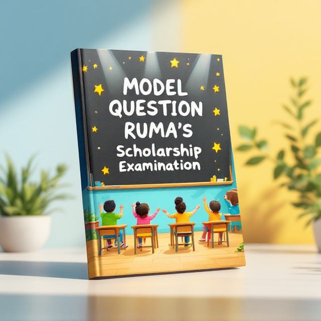 A vibrant and cheerful illustration of children sitting at desks in a classroom, focusing on a large blackboard with "MODEL QUESTION RUMA'S Scholarship Examination" written in chalk. Surrounding the classroom, light beams and floating golden stars symbolize achievement and ambition. The background fades into a warm gradient of blue and yellow tones to represent positivity and creativity.