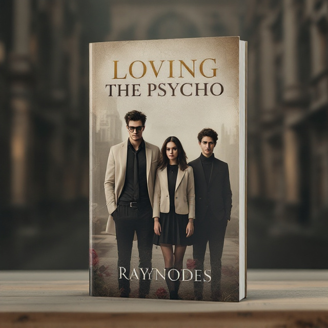 Create a realistic 3D mockup of a standing book titled "Loving The Psycho" by "Rayynodes". The book is positioned upright on a lightly textured wooden surface, set against a blurred background featuring an ancient yet corporate-looking building bathed in muted tones of sepia and grey, giving a vintage yet professional ambiance. The central book cover design prominently features three high school teenagers standing side by side in front of the building. On the left is an athletic, tall, handsome boy wearing a high school black uniform layered with a white blazer, his messy tie slightly ajar. He wears glasses, adding a mysterious touch. At the center of the cover is a girl with a composed yet reserved demeanor, dressed in a black school uniform paired with a white blazer and a simple black skirt. On the right, another boy is positioned but fades into silhouette, evoking an air of ambiguity and intrigue. The design subtly incorporates historical romance elements through faded roses and a gently blurred, cracked historical texture overlay, adding depth and a classic feel. The title, "Loving The Psycho," is placed at the top-center of the cover and slightly arched, written in bold, serif-style typeface with elegant flourishes, featuring a soft pastel pink gradient that contrasts subtly against the vintage hues. Below the characters is a tagline or additional details, presented in small italics, enhancing the narrative tone. The author's name, "Rayynodes," is placed cleanly at the bottom-center of the cover in a modern, sans-serif font, offering a clean and contemporary touch. Ensure the mockup highlights the book title and author’s name clearly while maintaining balance with the intricate character-focused design and the textured backdrop for an immersive and professional presentation.